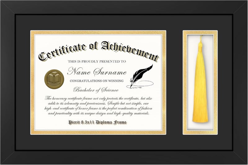 Picrit 11x17 Wood Diploma Frame with Tassel Holder for 8.5x11 Certificate/Degree Document with Tempered Glass, Black over Gold Mat - Image 1